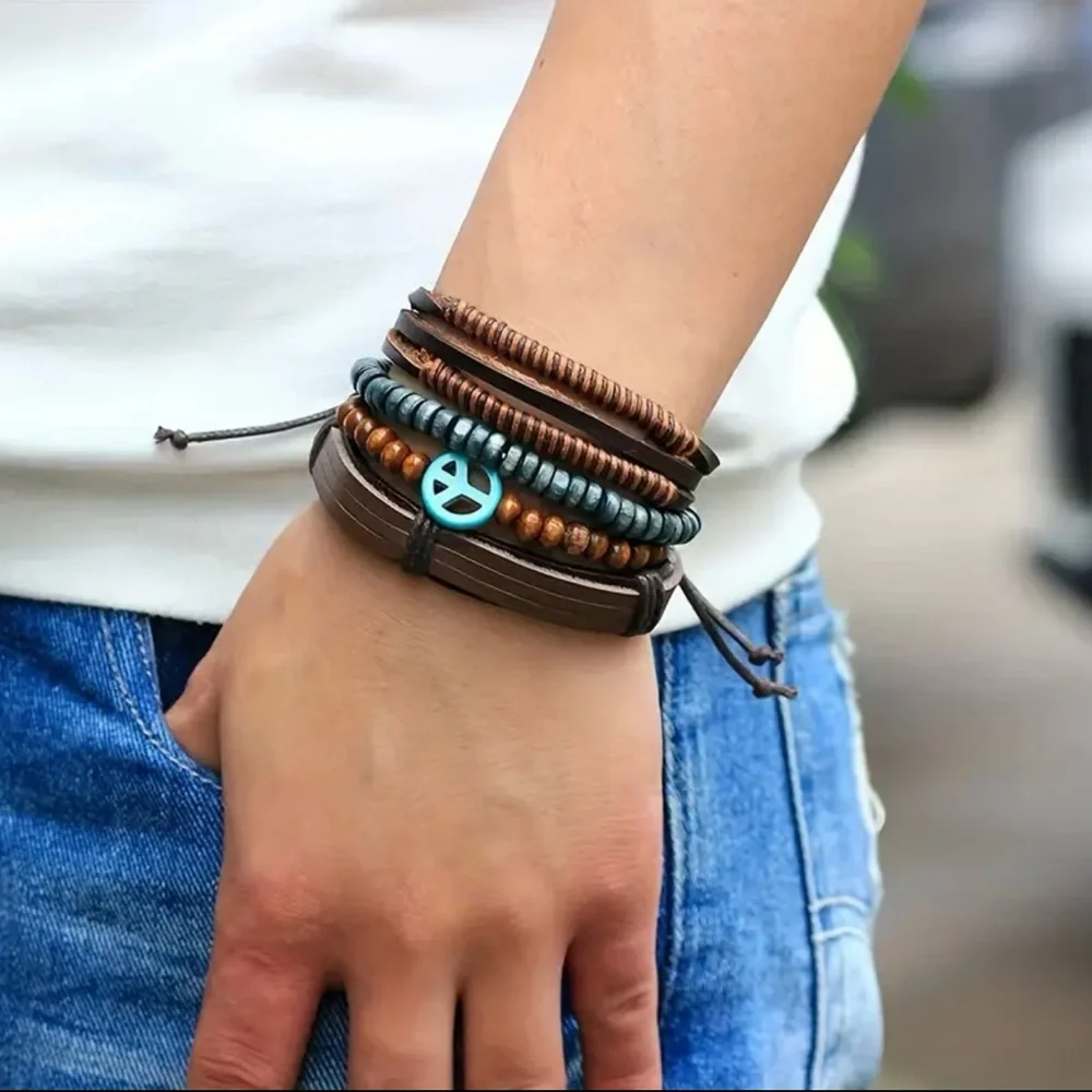 4pc Multi-layer Cool Bracelet,‎ Unisex Wooden Beads PU Leather Braided Bracelet